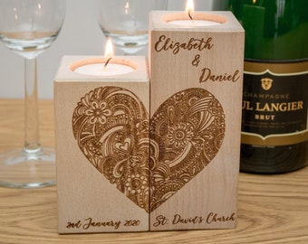 Personalised Couple's Hearts Set of 2 Candles Wedding Day Present Perfect Gift Newlyweds Mr&Mrs Anniversary Wood Engraved
