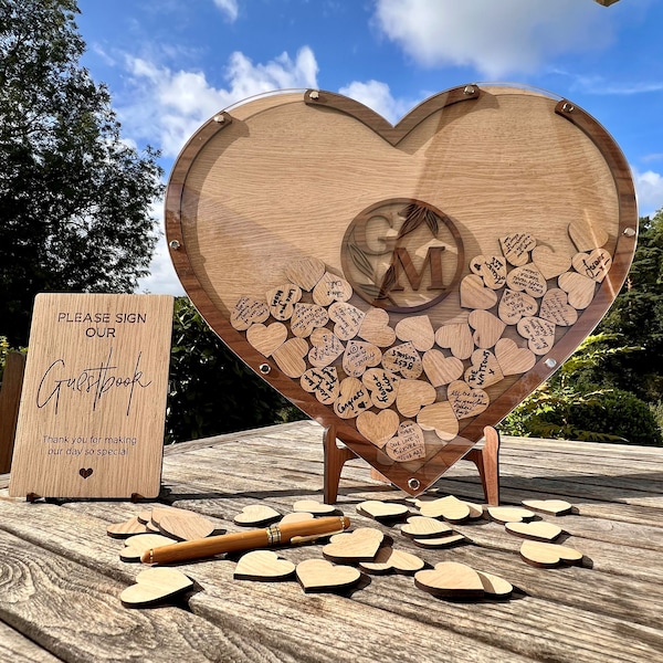 Wedding Guest Book Alternative Heart Drop Box Guestbook - Wedding Table Sign Decor Personalised Wedding Gift Present Oak Walnut WoodRustic