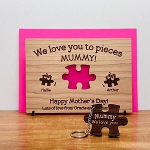 Personalised Oak 'We love you to pieces' Jigsaw Keyring & Card - Wood Engraved for Mother's Day, Ideal present for Mummy Nanny Aunty Granny