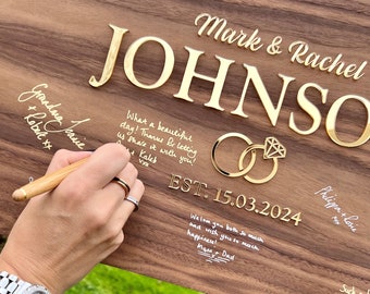 Wedding Guest Book Alternative Wooden Oak Walnut Boho Rustic Wedding Table Decor Personalized Wedding Gift Guestbook Signing Board Plaque