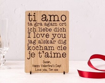 Personalised 'I Love You' Multi Languages Wooden Engraved Valentine's Day Card