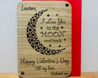 Personalised &#39;Love you to the moon and back&#39; Wood Engraved Valentine&#39;s Day Card