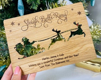 Oak, Cherry or Walnut - Personalised Sleigh Cut Out Wooden Christmas Card - Wood Engraved Alternative Unique Xmas Card - Personal Message