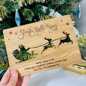 Oak, Cherry or Walnut - Personalised Sleigh Cut Out Wooden Christmas Card - Wood Engraved Alternative Unique Xmas Card - Personal Message