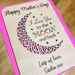 Wooden Card Personalised 'Love you to the Moon and Back' for Happy Mother's Day / Mothering Sunday - For Mum, Mummy, Mam