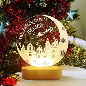 Personalised Family "We Believe" Christmas LED Light - Believe in Xmas, Santa, Magic, Reindeer Sleigh with your Surname - Solid Wood Base