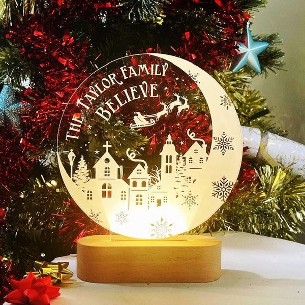 Personalised Family "We Believe" Christmas LED Light - Believe in Xmas, Santa, Magic, Reindeer Sleigh with your Surname - Solid Wood Base