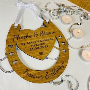 Personalised Oak, Cherry or Walnut - Wood Engraved Wedding Lucky Horseshoe Keepsake Gift - Wooden