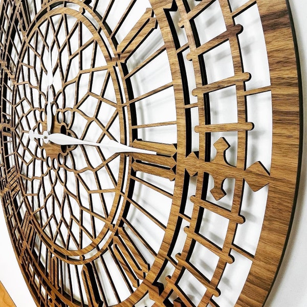 Handmade Wooden Silent Big Ben Wall Clock Up to 90cm in Oak, Cherry or Walnut - Silver or Gold Hands