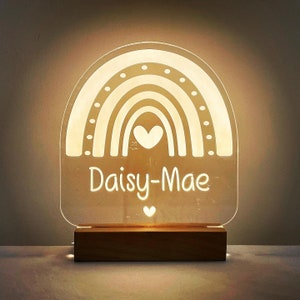 Personalised Rainbow & Hearts LED Night Light with Solid Beech Wood Base - Girl's Bedroom Lamp with Name