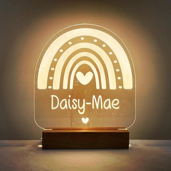 Personalised Name Rainbow LED Night Light Lamp | New Baby Gift | Nursery | Sweet Dreams Nightlight | Custom Engraved | Name Lamp | Beech