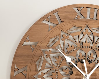 Handmade Wooden Silent Ornate Mandala Wall Clock Up to 90cm in Oak, Cherry or Walnut - Silver or Gold Hands