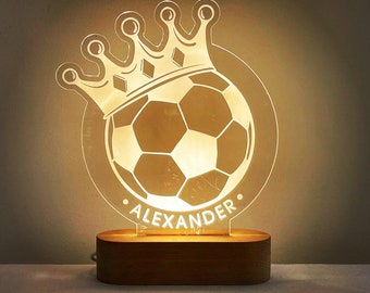 Personalised Football Trophy LED Night Light with Solid Beech Wood Base - Footie lamp for Boy's Bedroom