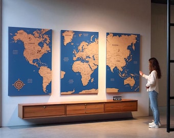Wooden World Map with Cork Push Pins, Home Decor, World Map Wall Art, 5th Anniversary Gift , Housewarming Gift, Living Room Decor