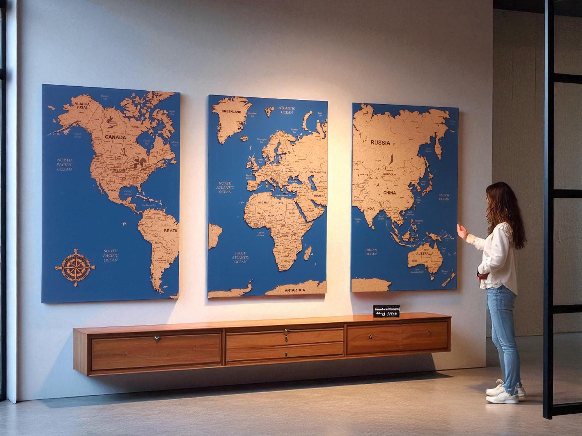 Wooden World Map With Cork Push Pins, Home Decor, World Map Wall