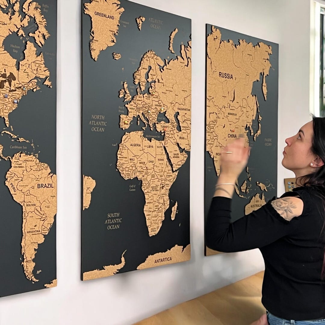 High Detail 3D Wooden World Map, Choice of Oak or Cork