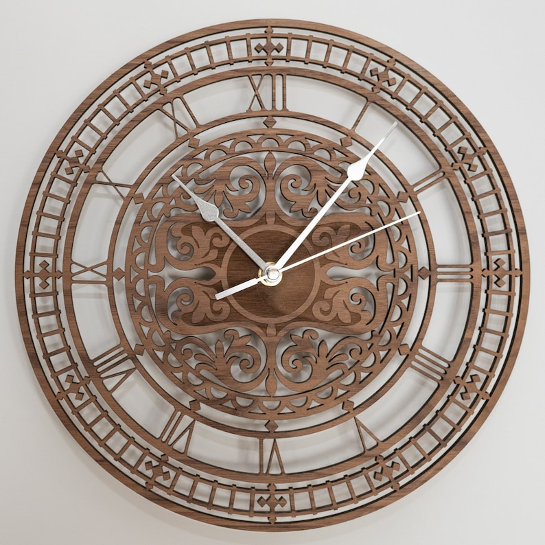 Handmade Wooden Silent Ornate Big Ben Wall Clock Up to 90cm in Oak, Cherry or Walnut Silver or Gold Hands image 2