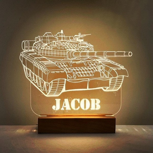 Personalised Army Tank LED Night Light with Solid Beech Wood Base - Boy's Bedroom Reading Lamp with Name