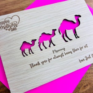 Personalised Wooden Camel & Baby 'Happy Mother's Day' Oak/Walnut/Cherry Card Jungle Animal Safari Desert Egypt Hump Mum Mummy Nanny Nanna