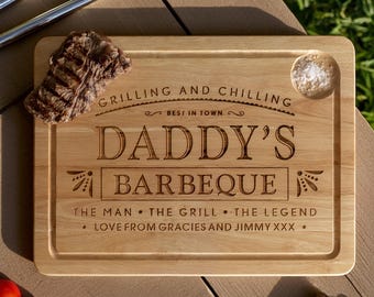 Personalised Wood Engraved 'Dad's Barbeque' Wooden BBQ Chopping Board - Ideal for Happy Father's Day Gift / Present
