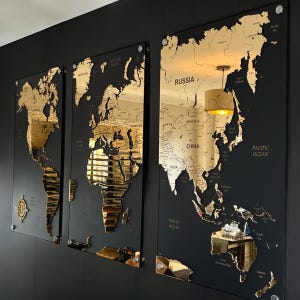 Spectacular Feature Wall Art Gold World Map, Wood Map Apartment Decor, Travel Map Gift, 3 Piece Wall Art, New Home Gift, Size S-XXL