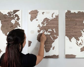 World Map Cork Art Map, Push Pin Board Travel Wall - Oak Wood Cork Walnut Wooden Globe Map Wall Decor, 3 Panel Feature Home Wall Art, Gift