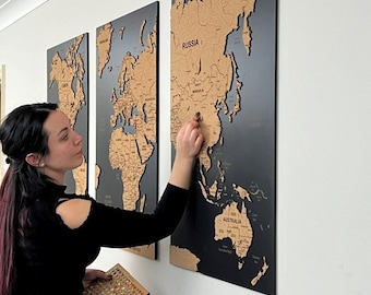 World Map Cork Push Pin Board Travel Wall Art Map, Oak Wood or Cork Wooden Travel Map Wall Decor, 3 Panel Feature Wall Art, Gift Anniversary