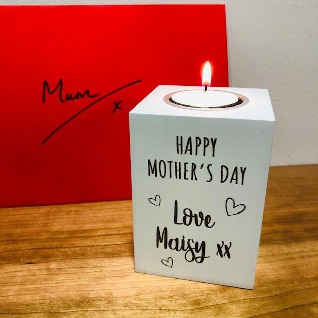 Personalisierter 'Happy Mother's Day' Kerzen-Teelichthalter-Geschenk, perfekt für Muttertag / Muttertag / Holzgravur