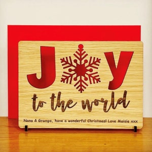 Chêne, cerisier ou noyer - Carte en bois de Noël JOY personnalisée avec décoration d'arbre de flocon de neige pop-out / Babiole - Alternative gravée sur bois