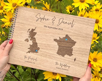 Wedding Guest Book Abroad , Oak wood Guestbook, Personalised Custom , Scrapbook Photo album, Foreign Destination UK Wedding Gift Present