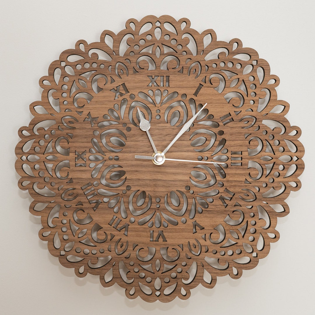 Handmade Wooden Silent Flower Mandala Wall Clock up to 90cm in Oak ...