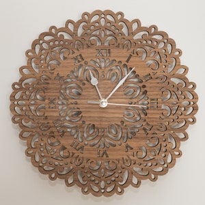 Handmade Wooden Silent Flower Mandala Wall Clock Up to 90cm in Oak, Cherry or Walnut - Silver or Gold Hands