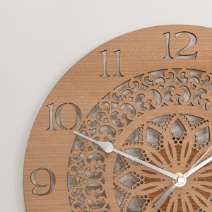 Handmade Wooden Silent Mandala Wall Clock Up to 90cm in Oak, Cherry or Walnut - Silver or Gold Hands