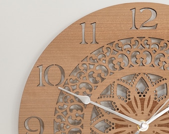 Handmade Wooden Silent Mandala Wall Clock Up to 90cm in Oak, Cherry or Walnut - Silver or Gold Hands