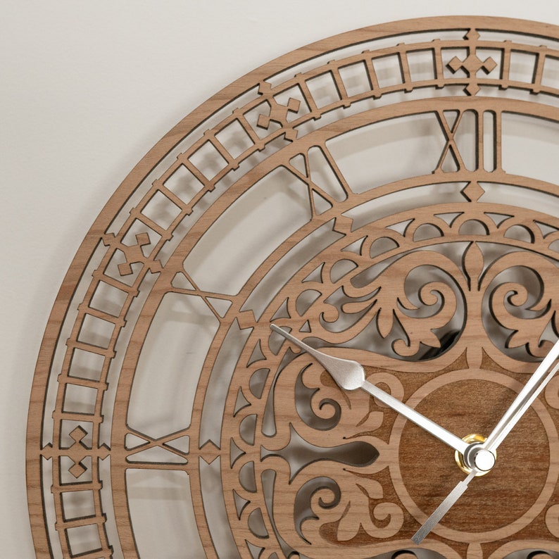 Handmade Wooden Silent Ornate Big Ben Wall Clock Up to 90cm in Oak, Cherry or Walnut Silver or Gold Hands image 1