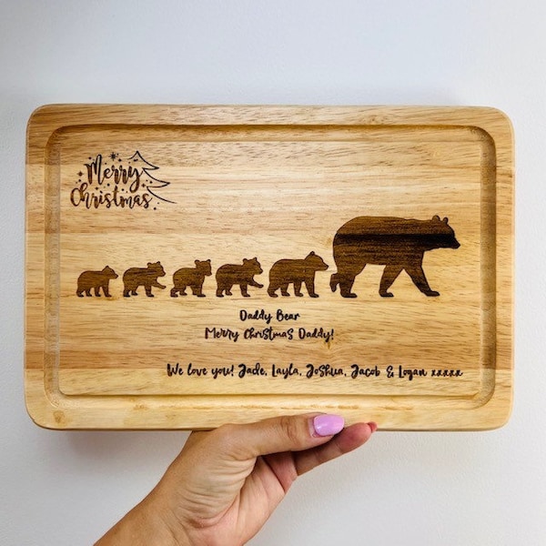 Personalised Wooden Bear & Cubs 'Merry Christmas' Chopping Board Follow Family Babies Children Mum Dad Xmas Happy Holidays Baby