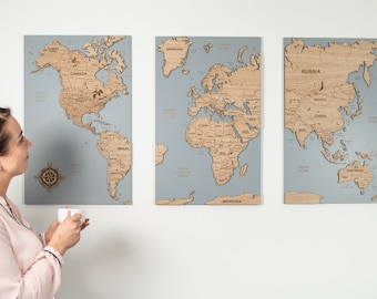 Oak Wood World Map, Wooden Travel Map Cork Push Pin Board Wall Art Home Decor, 3 Panel Feature Wall Art, Huge Big Statement Art