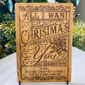 Carte de Noël en bois personnalisée - "Tout ce que je veux pour Noël, c'est toi" épouse, mari, petite amie, bois gravé en chêne, cerisier ou noyer