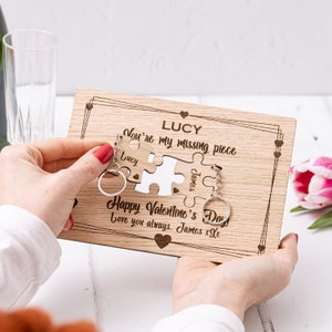 My Missing Piece! Personalised Valentines Card & Keyring Gift Set | Wood Engraved Valentine's Day Gift | in Oak, Cherry or Walnut