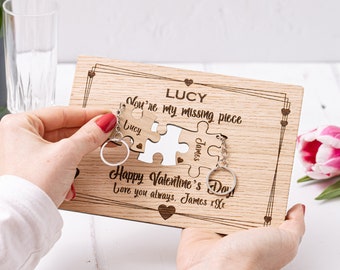 My Missing Piece! Personalised Valentines Card & Keyring Gift Set | Wood Engraved Valentine&#39;s Day Gift | in Oak, Cherry or Walnut
