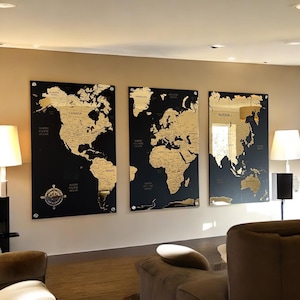 Gouden wereldkaart kunst aan de muur kaart, appartement houten reiskaart muur decor, houten muurkaart cadeau 5e verjaardag, luxe kenmerk muur middelpunt