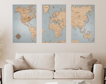 Handmade World Map Cork Push Pin Board Wall Art - Wooden Travel Map Wall Decor, 3 Panel Feature Wall Art, Wedding Anniversary Gift
