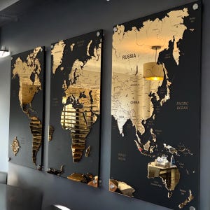 Gold World Map Wall Art 50th Anniversary Gift, Wood Map Apartment Decor, Travel Map Birthday Gift, 3 Piece Wall Art Hanging New Home Gift