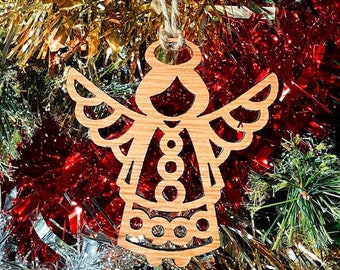 Wooden Angel Christmas Tree Decoration - Beautiful Xmas Ornament available in Oak, Walnut Cherry Wood -OR- Silver, Gold, Red, Green Glitter