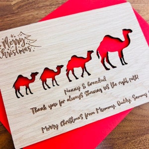 Chameau en bois personnalisé & bébé 'Joyeux Noël' Chêne/Noyer/Cherry Card Jungle Animal Tall Safari Desert Egypt Hump