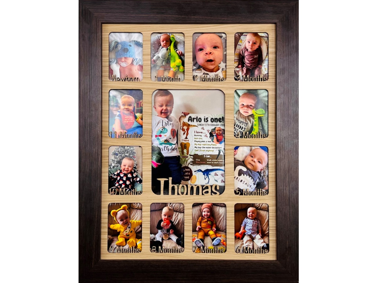 Cornice portafoto personalizzata per neonato 1 anno 1-12 mesi cornice in  legno scuro e inserto in rovere -  Italia