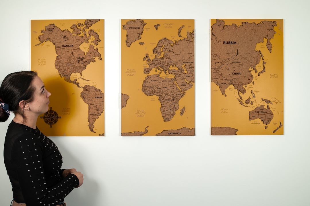 World Map Cork Push Pin Travel Board Wall Art Map, Oak Wood or Cork ...
