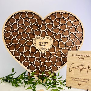 Oak & Walnut- Wedding Heart Shaped Alternative Guestbook with sign - Up to 100 Guests for Guest Book - Wooden / Wood Engraved