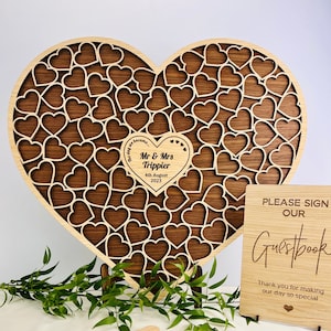 Oak & Walnut- Wedding Heart Shaped Alternative Guestbook with sign - Up to 100 Guests for Guest Book - Wooden / Wood Engraved