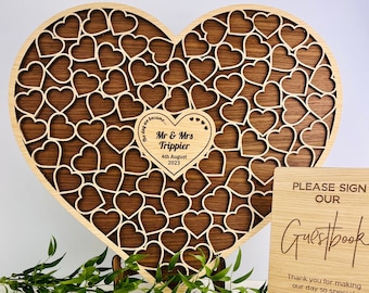 Oak & Walnut- Wedding Heart Shaped Alternative Guestbook with sign - Up to 100 Guests for Guest Book - Wooden / Wood Engraved